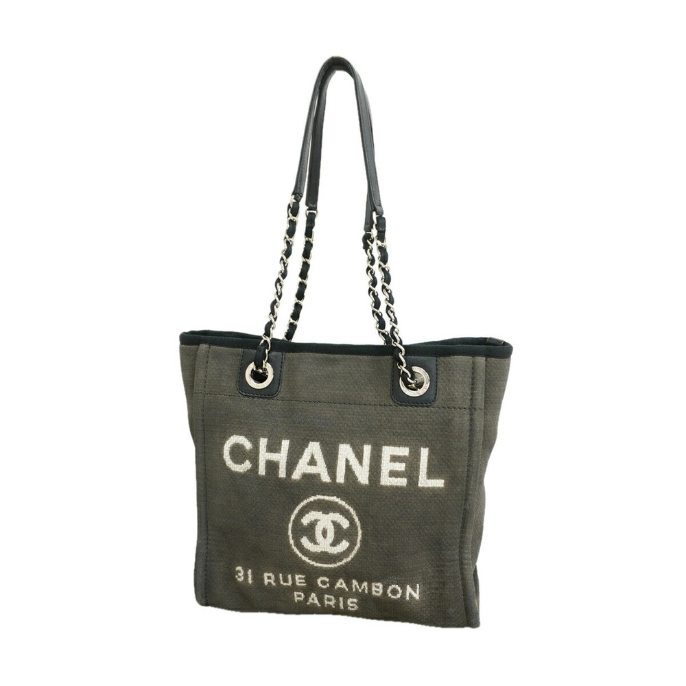 Chanel Deauville Canvas Chain Tote Bag (Black/Gray) - Women's